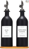 HOMCDALY Olive Oil Dispenser for Kitchen, 16oz Glass Oil Bottles with Bamboo Tray, Black Oil&Vinegar Cruet Set, Kitchen Dispenser Bottles with Pourer | Set of 2 (16oz – Black)-Ruum Studio Home
