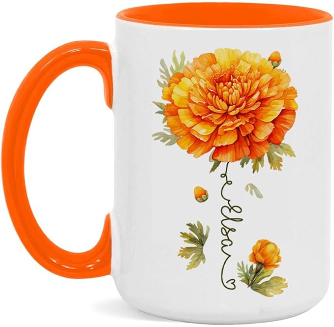 Unique Marigold Themed Ceramic Mug, Personalized Name Flower Accent Cup, Lovely Floral Coffee Mug 11oz 15oz, Custom Ceramic Mug For Flower Lover, Customized Marigold Decorative Cup-Ruum Studio Home