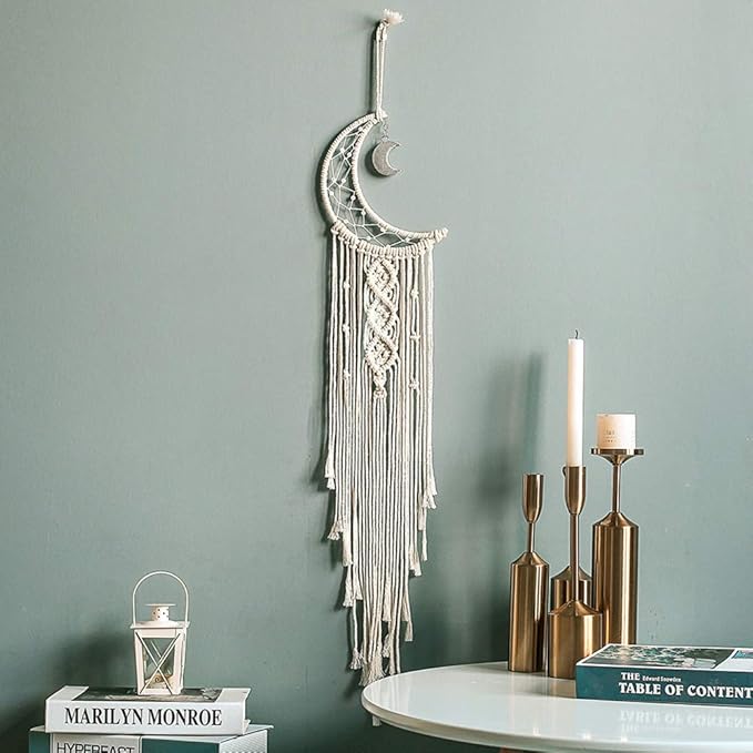 MOONFLY Dream Catcher with Handmade Moon Star Design Woven Cotton Dream Catchers Boho Macrame Wall Hanging Home Decoration Ornament Craft Gift (White Moon)-Ruum Studio Home