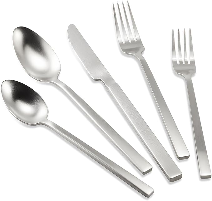 Stainless Steel Flatware Set Hand Forged 18/10 Silverware Set Cutlery Set Silver Cuboid Handle Matte Finished 20 Pieces Service for 4-Ruum Studio Home