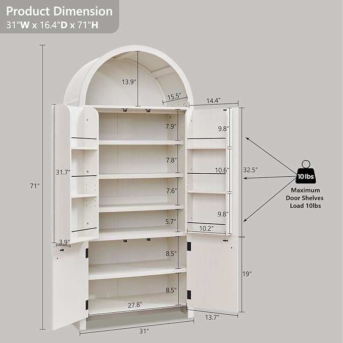 71" Tall Arched Bathroom Storage Cabinet, Modern Fluted Storage Cabinet w/Doors, 3 Adjustable Shelves, 6 Door Shelves, Wood Freestanding Cabinet for Bathroom, Entryway, Hallway, Antique White-Ruum Studio Home