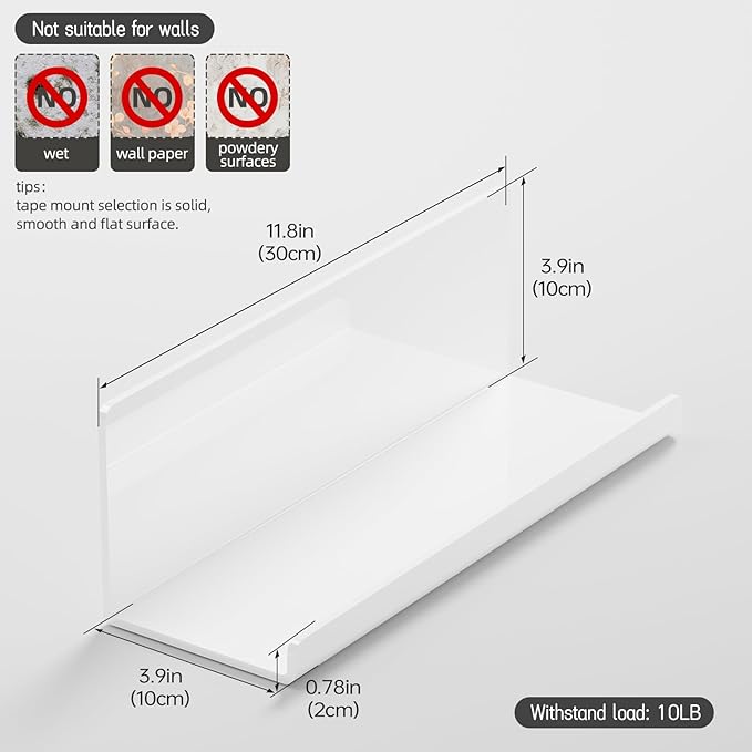 Acrylic Wall Floating Shelves Set of 2, Wall Shelves White 12 Inch Adhesive Wall Organizer Adhesive Shelf for Bathroom, Kitchen, Bedroom, Office, Gaming Room, No Damage, No Drill-Ruum Studio Home