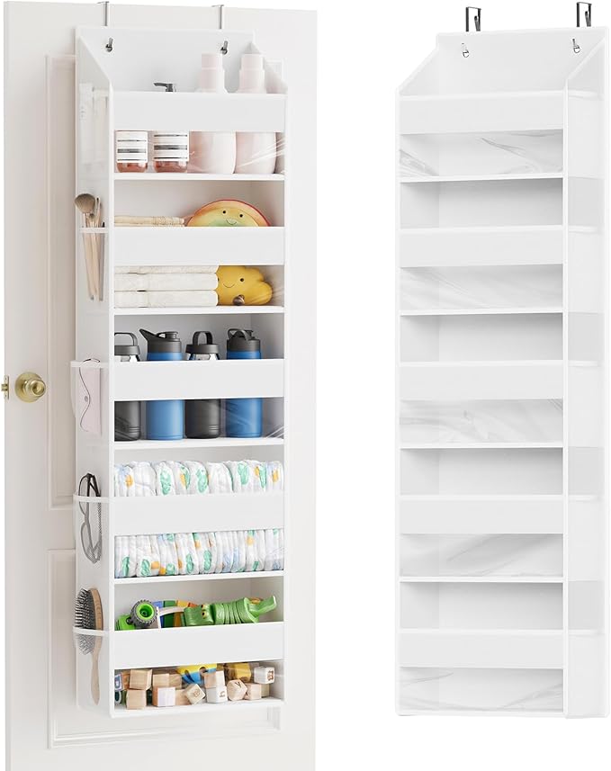 SpaceAid 1 Pack Over The Door Organizer with 5 Large Pockets and 10 Mesh Side Pockets, 5 Layers Door Organizer Hanging with Clear Window for Bedroom, Bathroom, Pantry and Nursery, White-Ruum Studio Home