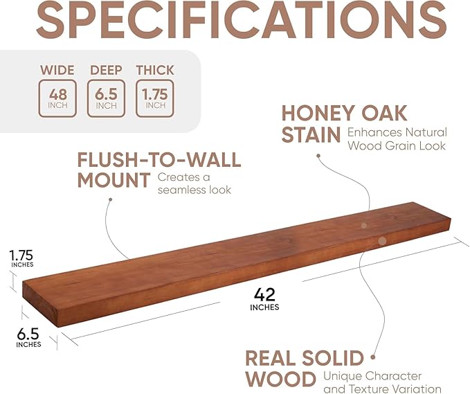 Homeforia Oak Floating Shelves 42 inch Long, High End Solid Real Wood 42inch Floating Shelf for Wall Mounted, Honey Oak Wooden 42in Floating Shelves, Heavy Duty Bracket, 42 X 6.5 X 1.75 in, Set of 2-Ruum Studio Home