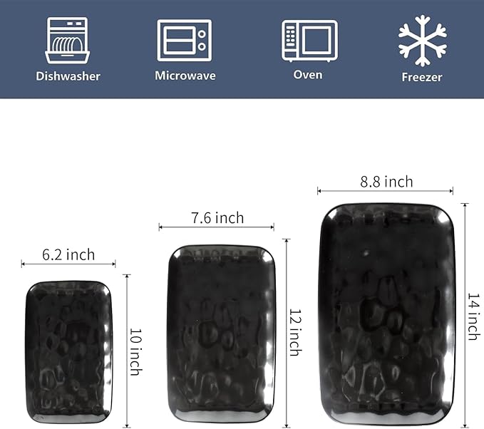 vicrays Ceramic Rectangle Serving Platters - 14" 12" 10" Porcelain Serving Trays Plates for Party BBQ Appetizers Sushi Dessert - Microwave Oven and Dishwasher Safe - Set of 3 Bright Black-Ruum Studio Home