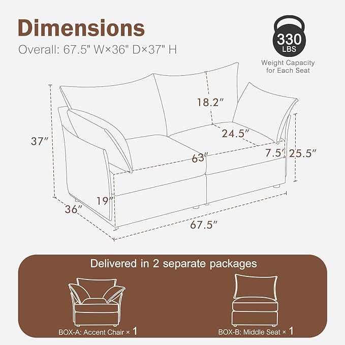 Oversized Loveseat Sofa, Modern Modular Sectional Couch Terracotta Orange Fluffy Chenille Mid Century 2-Seat 24.5" Deep Seat for Apartment, Living Room, Bedroom-Ruum Studio Home