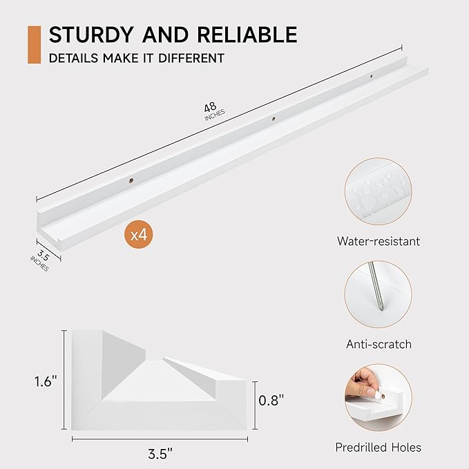 Picture Ledge Shelf for Wall, Floating Shelves Set of 4, 48 Inch Long Nursery Book Shelves for Toys Storage, Kids Bookshelf Wall Mounted for Books Photo Frames, White-Ruum Studio Home