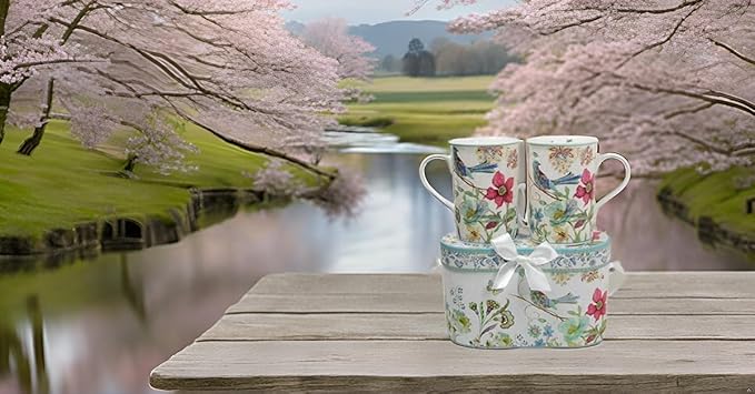 Lightahead Elegant Bone China Two Coffee Mugs set in Blue bird design 11.2 oz each cup in attractive gift box-Ruum Studio Home