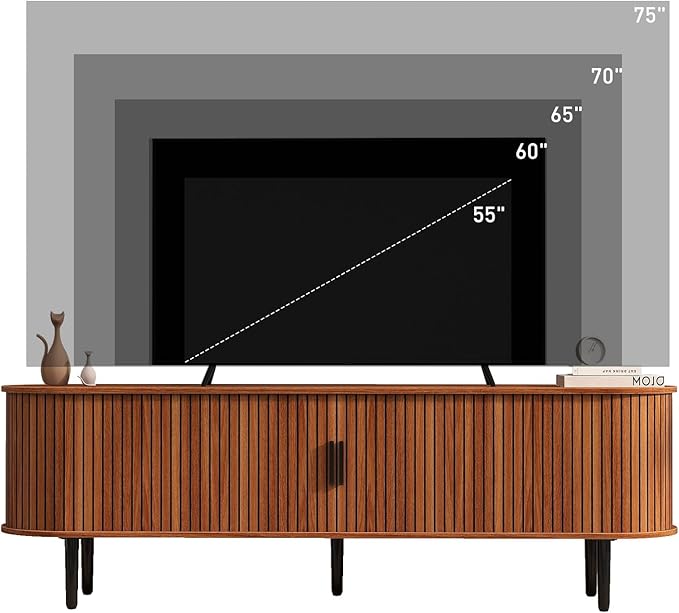 Bonzy Home 70" Mid Century Modern TV Stand, Tambour Entertainment Center with Storage, Long Media Console Television Stand with Metal Legs for up to 75'' TV, Walnut-Ruum Studio Home