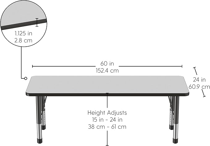 FDP Rectangle Activity School and Classroom Kids Table (24 x 60 inch), Chunky Toddler Legs, Adjustable Height 15-24 inches - Gray Top and Black Edge-Ruum Studio Home