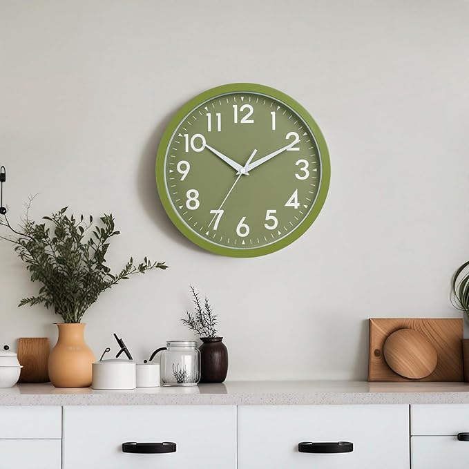Wall Clock Analog 10 Inch Simple Silent Non Ticking Battery Operated Modern Decorative for Kitchen Office Bedroom Bathroom Living Room(Olive Green)-Ruum Studio Home