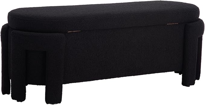 Modern Upholstered Storage Bench, Sherpa Fabric 50" Long Entryway Bench with Storage and Seating, Comfy Cute Ottoman Bench for Living Room/End of Bed/Hallway, Black-Ruum Studio Home