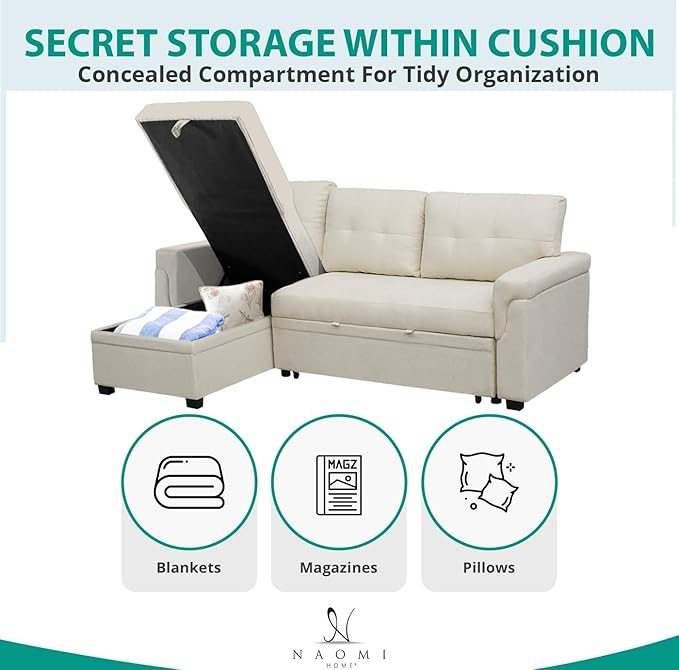 Naomi Home L-Shaped Reversible Sectional Sofa with Pull-Out Sleeper Bed and Storage Chaise, Cream Velvet-Ruum Studio Home
