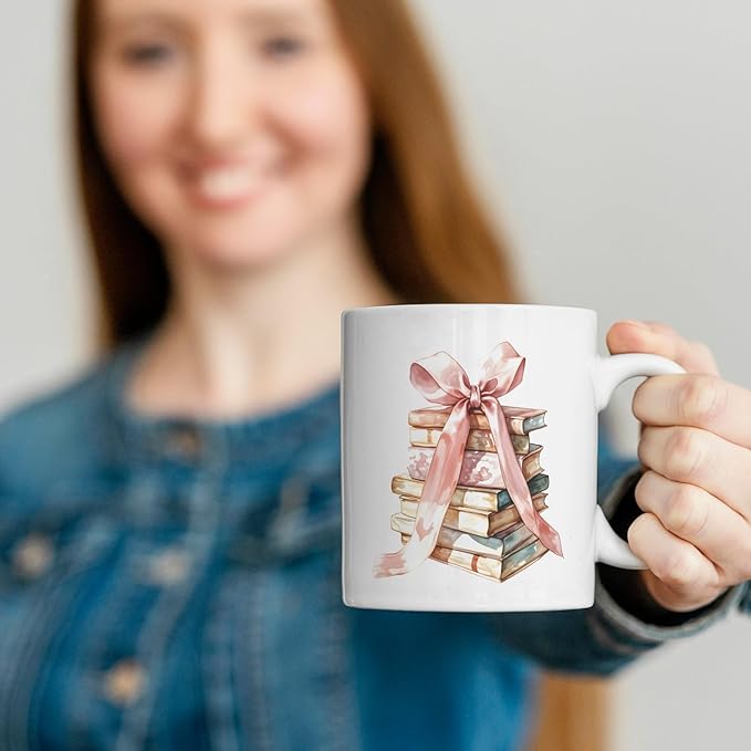 JINYO Coquette Pink Bow Books Mug, Book Coffee Cup, Reading Mugs for Book Lovers, Gifts for Readers Books Lovers Women, Bookish Bookworm Gifts for Women, Ceramic Coffee Tea Mug 11 oz-Ruum Studio Home