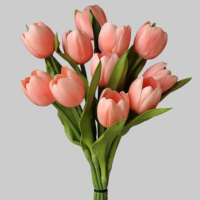 Buart Coral Pink Flowers Artificial Luxury Big Tulip Valentine's Day Mother's Day Easter Home Kitchen Wedding Decorations(11pcs)-Ruum Studio Home