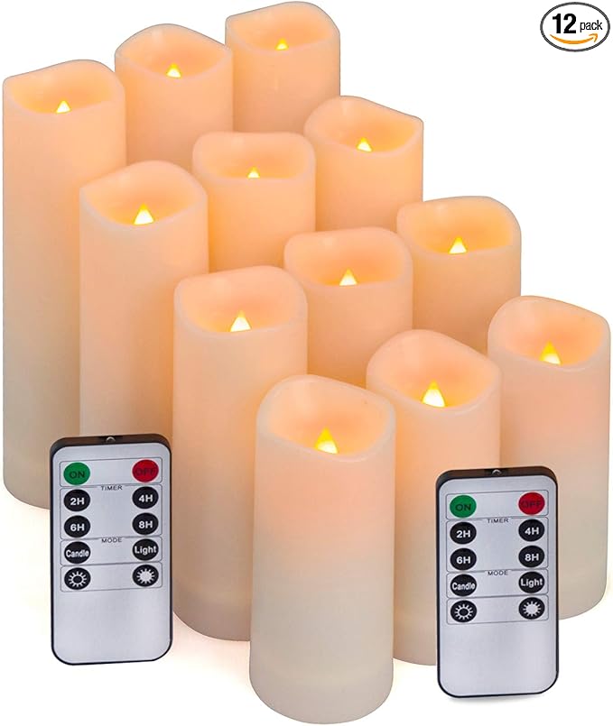 Aignis 12pcs Flameless LED Candles Battery Operated with 10-Key Remote Timer, Outdoor Indoor Waterproof, Warm Flickering Glow for Cozy & Romantic Home/Wedding/Holiday Décor(D2.2''xH4/5/6/7'')-Ruum Studio Home