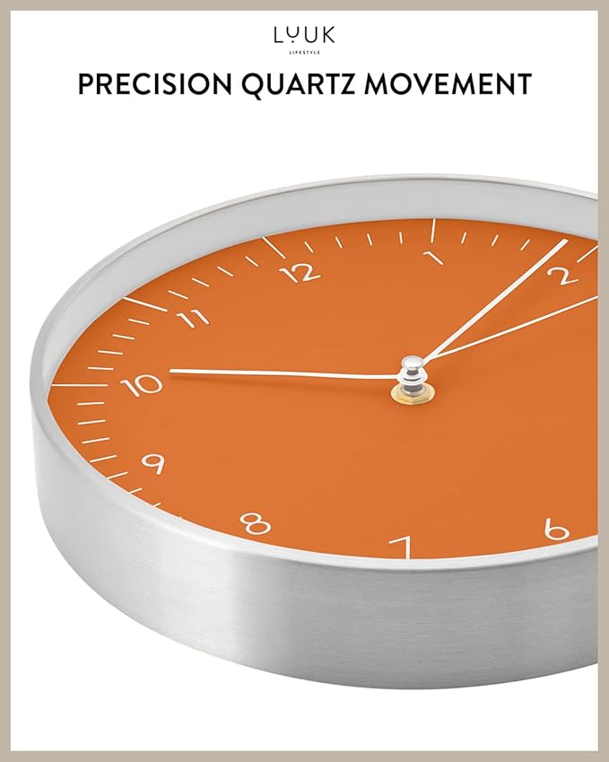 LUUK LIFESTYLE Silent Quartz Wall Clock, Modern and Minimalist Design, Without Ticking, 10” Kitchen Clock, for Living Room, Bedroom, Housewarming Gift, Orange and Silver-Ruum Studio Home