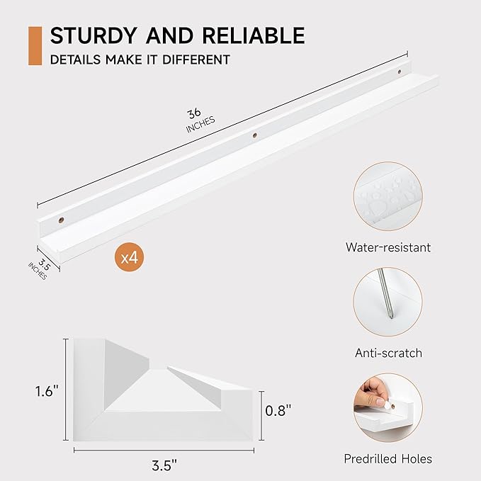 Picture Ledge Shelf for Wall, Floating Shelves Set of 4, 36 Inch Long Nursery Book Shelves for Toys Storage, Kids Bookshelf Wall Mounted for Books Photo Frames, White-Ruum Studio Home