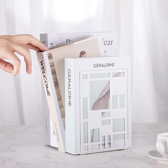 Book Ends, Bookends, Book Ends for Shelves, Bookends for Heavy Books, Book Divider Decorative Holder, Metal Heavy Duty Bookend White 1 Pair, Abstract Art Desgin Book Stopper Supports for Office, Home-Ruum Studio Home