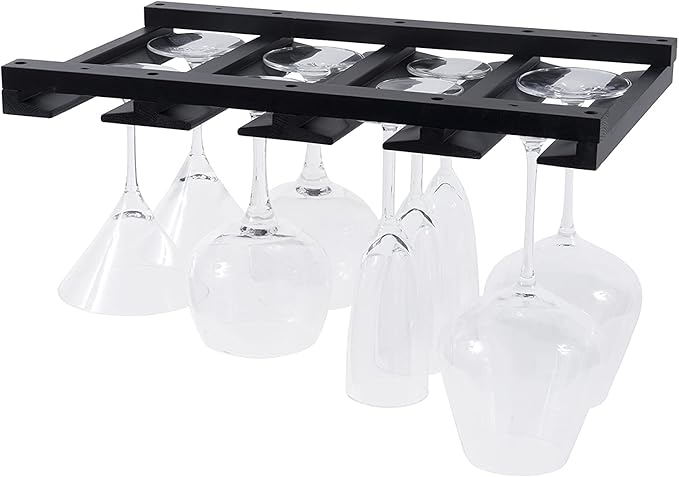 Rustic State Eze 4 Sectional Wood Under Cabinet Wine Glass Holder Wine Glass Rack Hanging Shelf Stemware Bar Organizer - 12 Wine Glass Storage - 10 Inch Deep - Black-Ruum Studio Home
