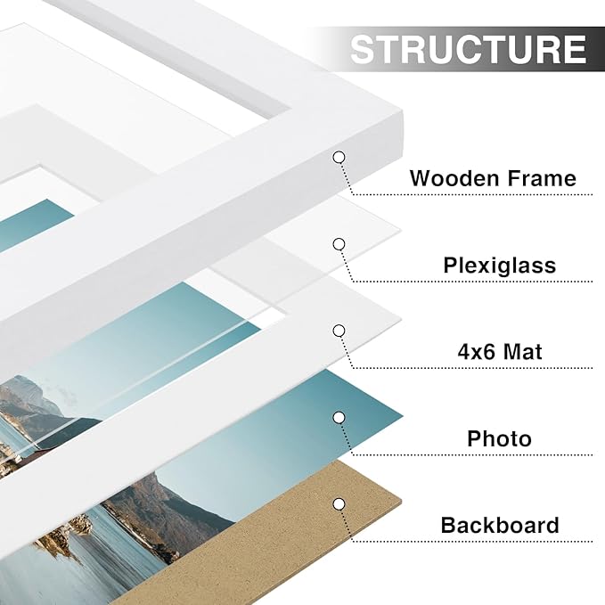 Vittanly 6x8 Picture Frames Set of 9, Shatter Resistant Plexiglass, Display 4x6 Pictures with Mat or 6x8 without Mat, Photo Frames for Wall or Tabletop, Engineered Wood, White-Ruum Studio Home
