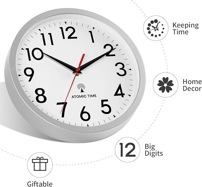 Atomic Wall Clock Analog 12 Inch Battery Operated Modern Decorative for Living Room Kitchen Office Bedroom Bathroom(Silver)-Ruum Studio Home