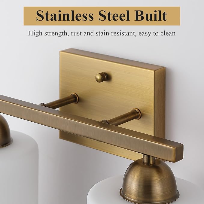 Stainless Steel Milk Glass Vanity Lights for Bathroom, 2 Light Brass Bathroom Light Fixtures Over Mirror, Ceramic E26 Sockets Wall Mounted-Ruum Studio Home