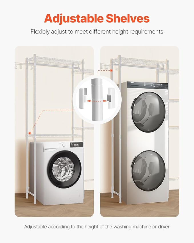 VEVOR Over The Washer and Dryer Storage Shelf, 5 Tier Laundry Room Drying Rack with Hanger Rod and Hooks, Adjustable Over Washer and Dryer Shelves, Laundry Room Shelf Storage Space Saver, White-Ruum Studio Home