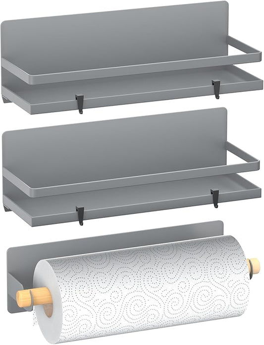 Magnetic Spice Rack Moveable Magnetic Shelf Organizer with Paper Towel Holder Kitchen Refrigerator Seasoning Storage Rack Fridge Magnet Organizer,Grey,3 Packs-Ruum Studio Home