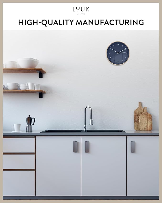 LUUK LIFESTYLE Modern Quartz Wall Clock with Silent Movement, Scandinavian Design, Kitchen and Living Room Clock, Gift idea, Trendy Home Decor, 10 inch, in Dark Blue and Gold-Ruum Studio Home