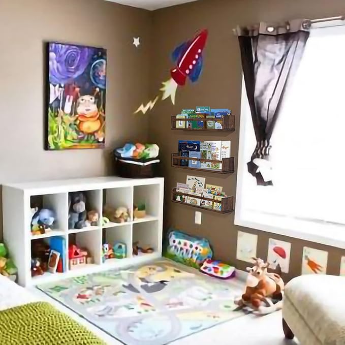 AZSKY Nursery Book Shelves 24 in Set of 3 Walnut Floating Bookshelf for Kids Room Wall Mounted Floating Shelves Solid Nursery Bookshelf Perfect Decor for Kitchen Bedroom Living Room-Ruum Studio Home