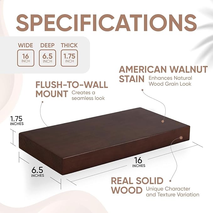 Homeforia Walnut Floating Bathroom Shelves, High End Solid Real Wood 16 inch Small Floating Shelf for Wall Mounted, Dark Brown 16inch Floating Shelves, Heavy Duty Bracket, 16 X 6.5 X 1.75 in, Set of 2-Ruum Studio Home