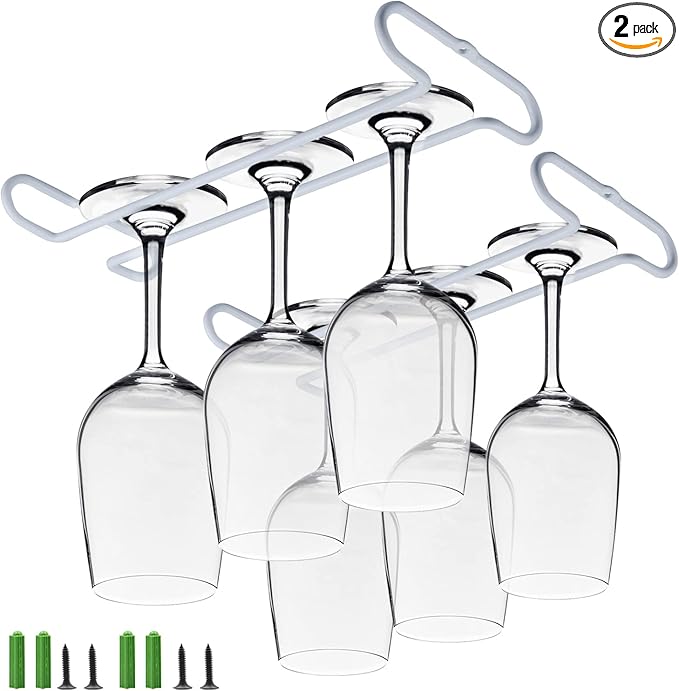 set 2 White Wine Glass Rack Under Cabinet Shelf 10 Inch Stemware Storage Hanging Hanger Organizer Glasses Holder with Drying Under Counter Metal for Kitchen and Bar-Ruum Studio Home