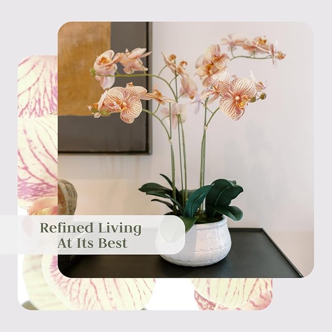 Faux Orange Orchid Plant, Premium Artificial Indoor Flower Display Stands 23”, Beautiful Sculptural Blooms That Lasts Forever, White Planter Pot Included-Ruum Studio Home