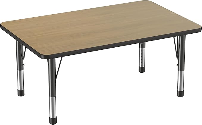Factory Direct Partners FDP Rectangle (30 x 48 inch) Classroom Table with Adjustable Chunky Toddler Legs (15-24 in); Preschool, Kinder and Daycare Furniture - Pasadena Oak Top/Black Edge and Legs-Ruum Studio Home