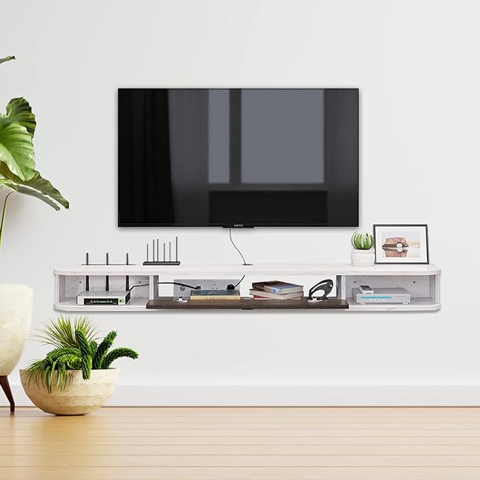 Pmnianhua Floating TV Console,78'' Wall-Mounted Media Console TV Cabinet Floating TV Stand Entertainment Shelf with Door and Storage (Grey-White)-Ruum Studio Home