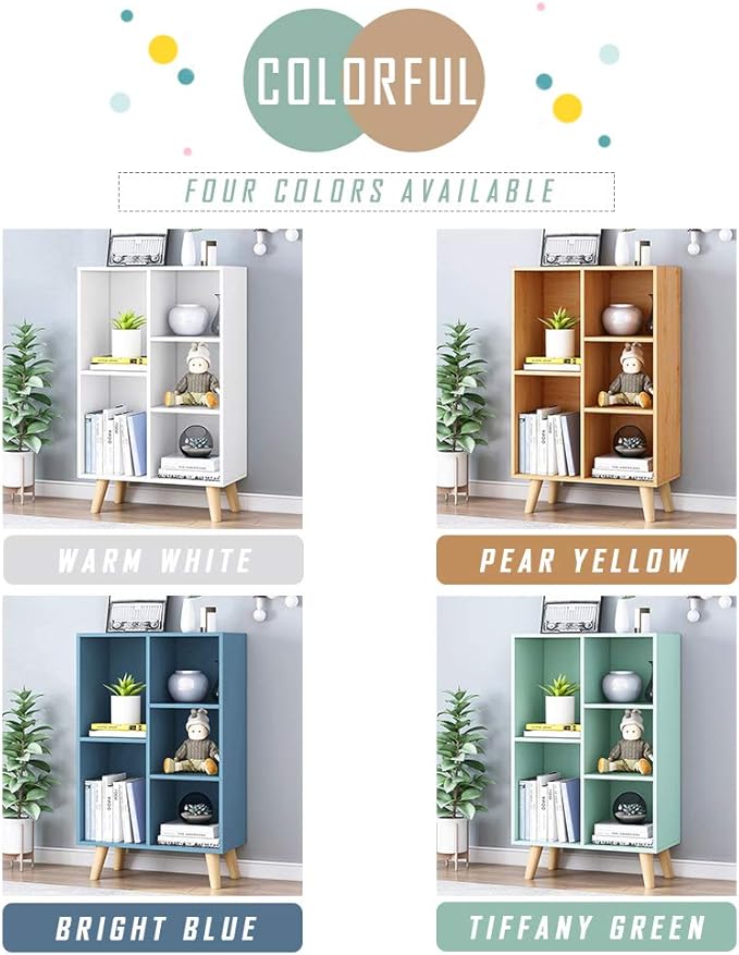 IOTXY Wooden Open Shelf Bookcase - 3-Tier Floor Standing Display Cabinet Rack with Legs, 5 Cubes Bookshelf, Pear Yellow-Ruum Studio Home
