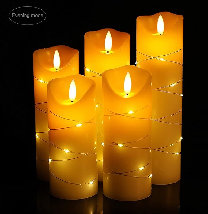 danip flameless Candle, with Embedded String Lights, 5-Piece LED Candles, with 10-Key Remote Control, 24-Hour Timer Function, Dancing Flame, Real Wax, Battery-Powered. (Ivory White)-Ruum Studio Home