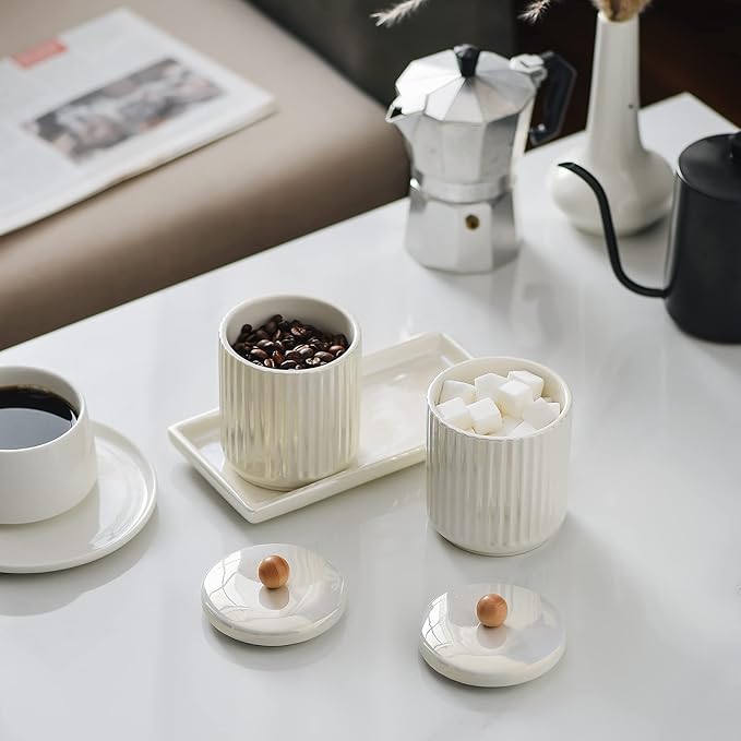 Ceramic Bathroom Canister Set with Coordinating Small Vanity Tray Qtip Holder Dispenser for Cotton Ball,Swab,Pads, Floss, Bathroom Storage Jars with Lids Pearl White-Ruum Studio Home