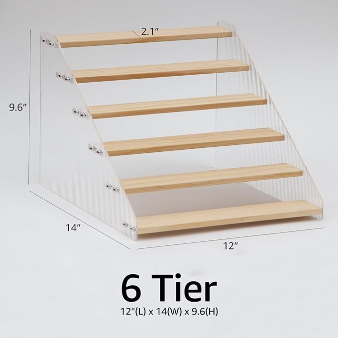 nianfeng Tiered Spice Rack, 6-Tier Spice Pantry Kitchen Cabinet Organizer, 12-Inch, Natural Wood Acrylic Stair Riser Stand, Countertop Seasoning Shelf-Ruum Studio Home