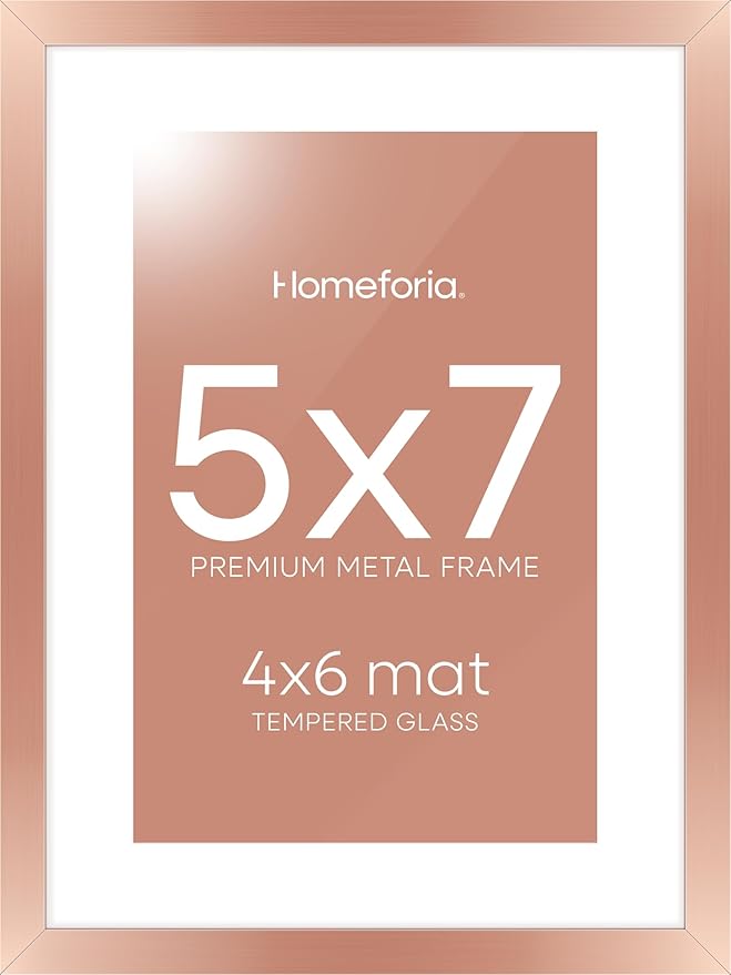Homeforia Rose Gold 5x7 Picture Frame, High End Metal 5 x 7 Frames with Mat 4 x 6 for Print, 5by7 Desk Frame Matted to 4x6 inch Photo, 5 by 7 Wall or Tabletop Frame, Tempered Glass, Wall Kit, Set of 1-Ruum Studio Home