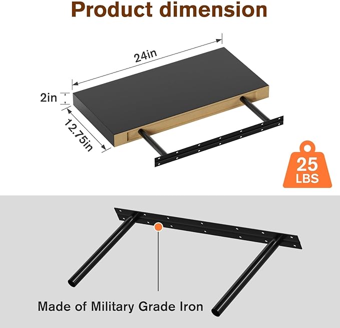 Floating Shelf, Set of 2 Wall Shelf, 24 in W x 12.75 in D x 2 in H Wooden Floating Wall Shelf with Invisible Brackets for Living Room/Bedroom/Bathroom/Kitchen Storage and Decor, Black-Ruum Studio Home