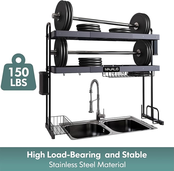 MAJALiS Over Sink Dish Drying Rack, Stainless Steel 2 Tier Large Dish Drainer Above Sink Adjustable 27.5" - 34.6", Expandable Kitchen Counter Organizer Storage Shelf with 6 Hooks-Ruum Studio Home