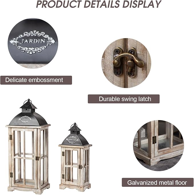 Set of 2 Large Decorative Wooden Metal Lanterns, Farmhouse Rustic Floor Candle Lanterns, Indoor/Outdoor Hanging Lanterns for Home Decor (No Glass)-Ruum Studio Home