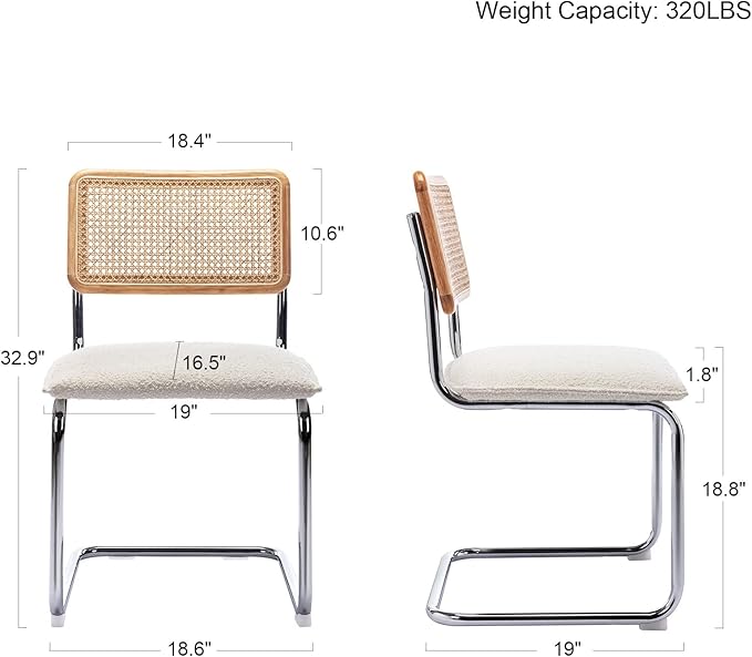 Mid Century Modern Rattan Dining Chairs Set of 2, Boucle Kitchen Chairs with Handwoven Mesh Rattan Backrest and Metal Legs, Upholstered Accent Side Chairs, White-Ruum Studio Home