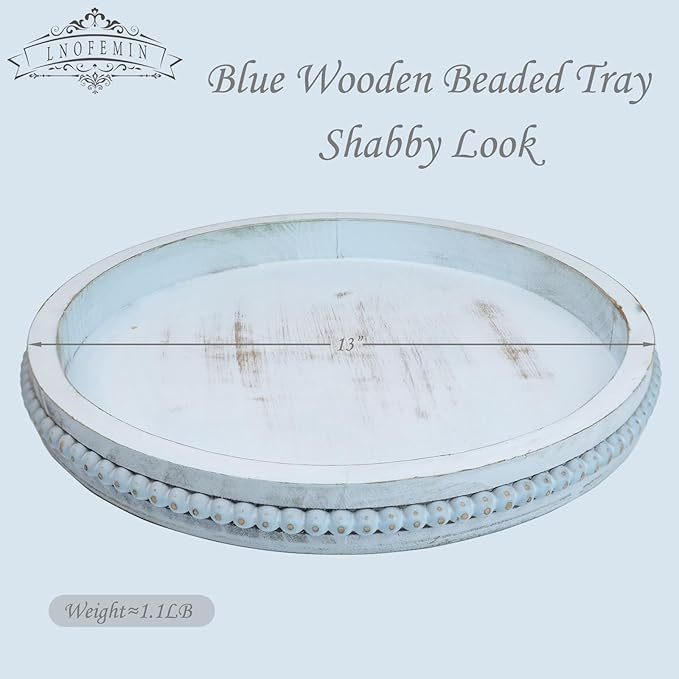 Round Wood Serving Tray with Beads, Blue Washed Wooden Decorative Tray for Entertaining, Decoration, and Gifting-Ruum Studio Home