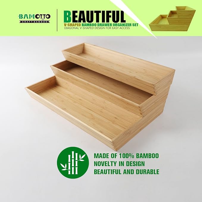 V-Shaped Bamboo Drawer Organizer Set of 3, Kitchen Large and Long Utensil Plate, Flatware & Silverware Storage Box, Wood Drawer Organizer for Bedroom, Living Room (19.6"x5.7" & 7.8" & 12.4")-Ruum Studio Home