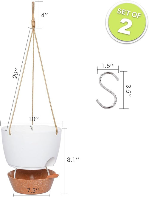 10 Inch Self Watering Hanging Pots, 2 Pack Hanging Planters with 40oZ Deep Reservior for Indoor Outdoor Plants Flowers, White with Brown-Ruum Studio Home