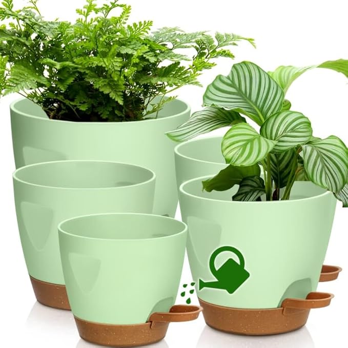 Uneed Indoor Self Watering Planters with Drainage Holes and Saucers, 7/6.5/6/5.5/5 Inch-5 Pots,for Indoor Plants, Herbs, Succulents-Green-Ruum Studio Home