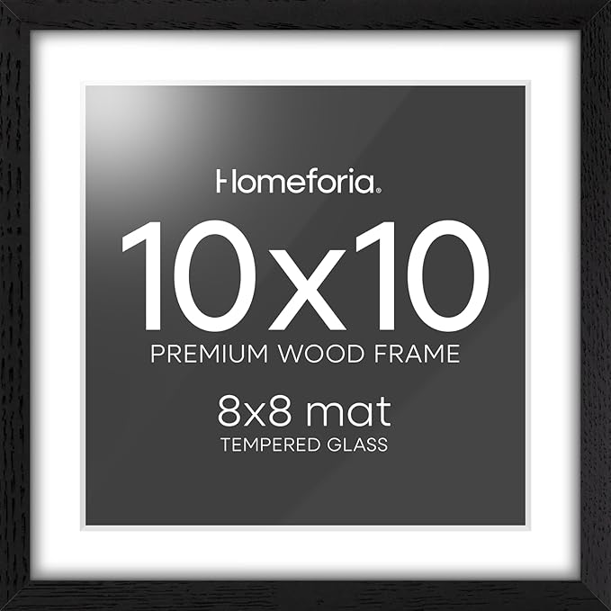 Homeforia 10x10 Picture Frame Black Wood, High-End Oak 10 x 10 Square Frames with Mat 8 by 8 Photo, 10by10 Wooden Frame Matted to 8x8 Print, Wall or Tabletop Frames, Tempered Glass, Wall Kit, Set of 1-Ruum Studio Home
